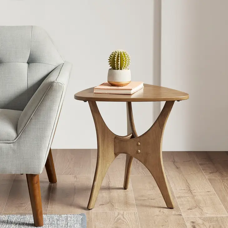 Modern Mid-Century Triangular Wood Side Table, Natural