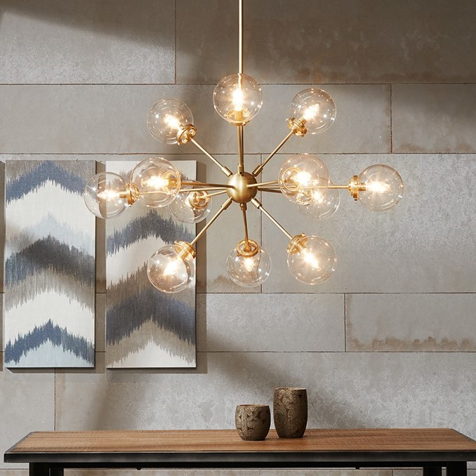 12-Light Clear Glass Industrial Chandelier, Gold