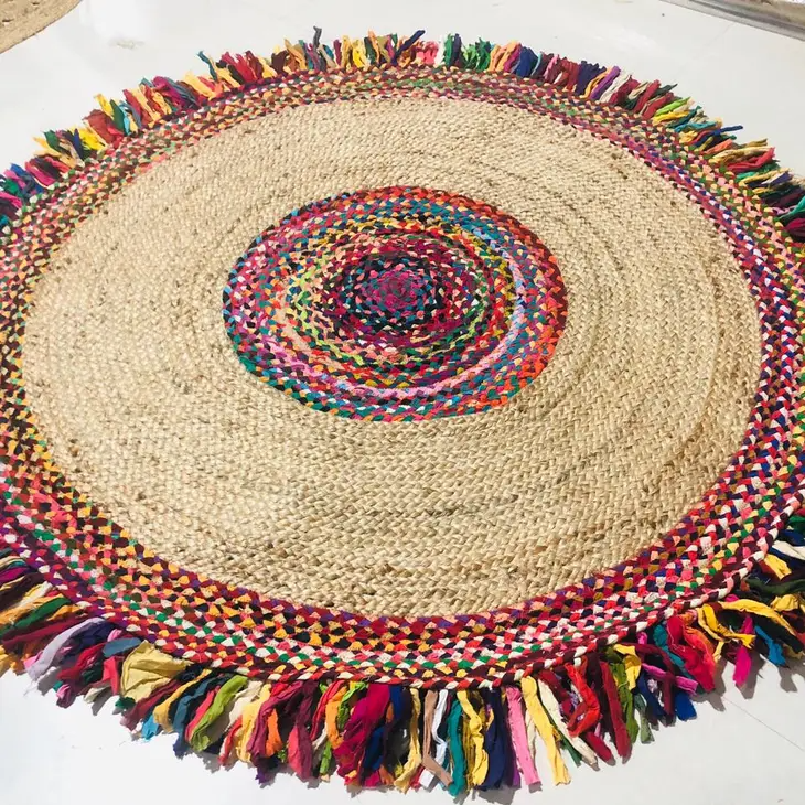 Geometrical Multicolor Fringe Braided Natural Area Rugs 6x6 Round