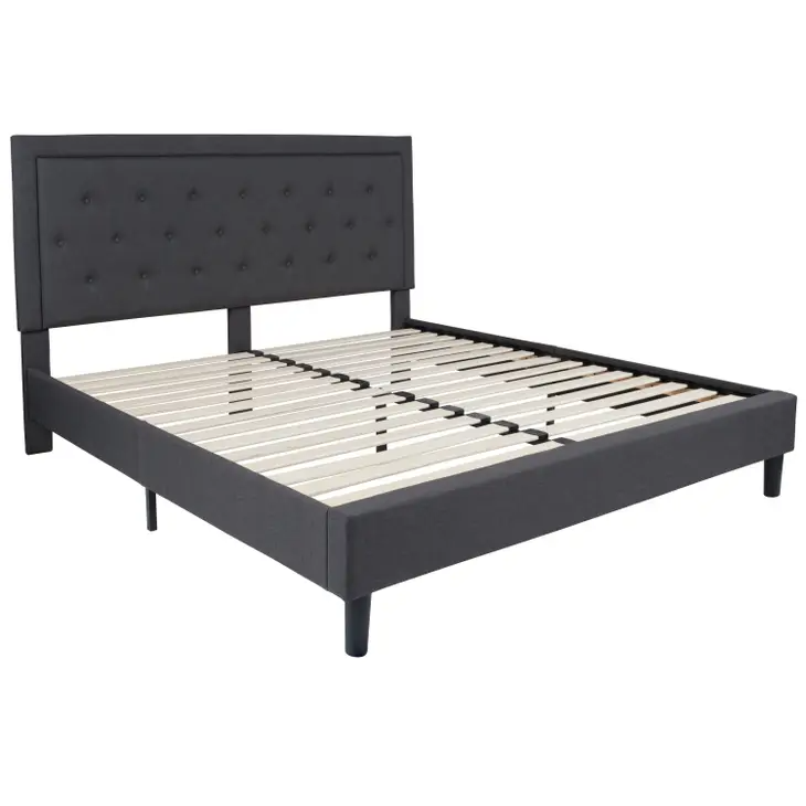 King Size Panel Tufted Dark Gray Fabric Platform Bed