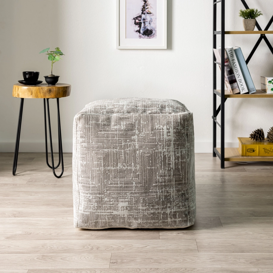 Transitional Geometric Ultra-Soft Pouf, Gray/Ivory