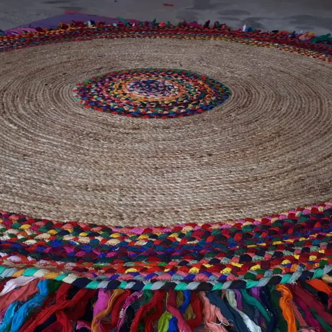 Geometrical Multicolor Fringe Braided Natural Area Rugs 6x6 Round