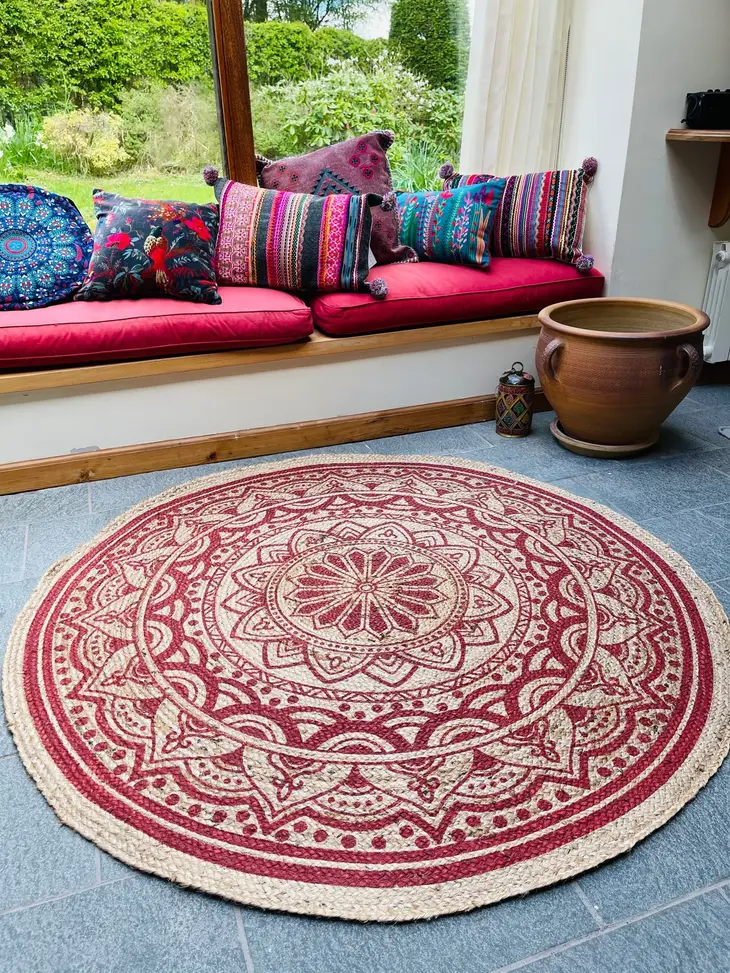 Mandala Pattern Round Red Rug Jute with Block Print 150 cm Diameter