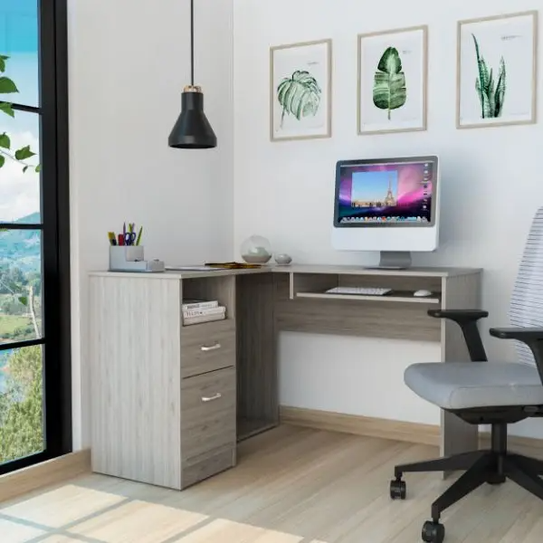 Raleigh L-Shaped Desk, Two Drawers, One Shelf, Cpu Storage, Light Grey