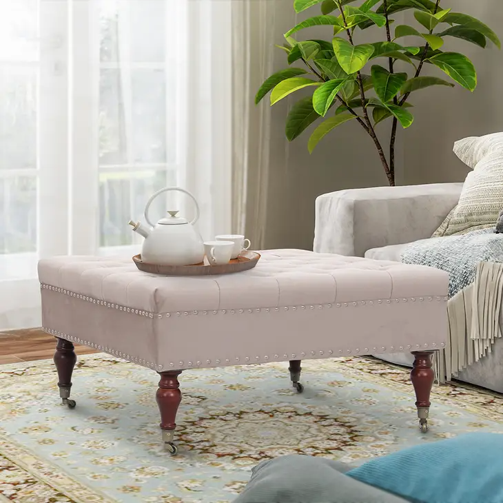 Square Beige Tufted Cocktail Ottoman with Wheels