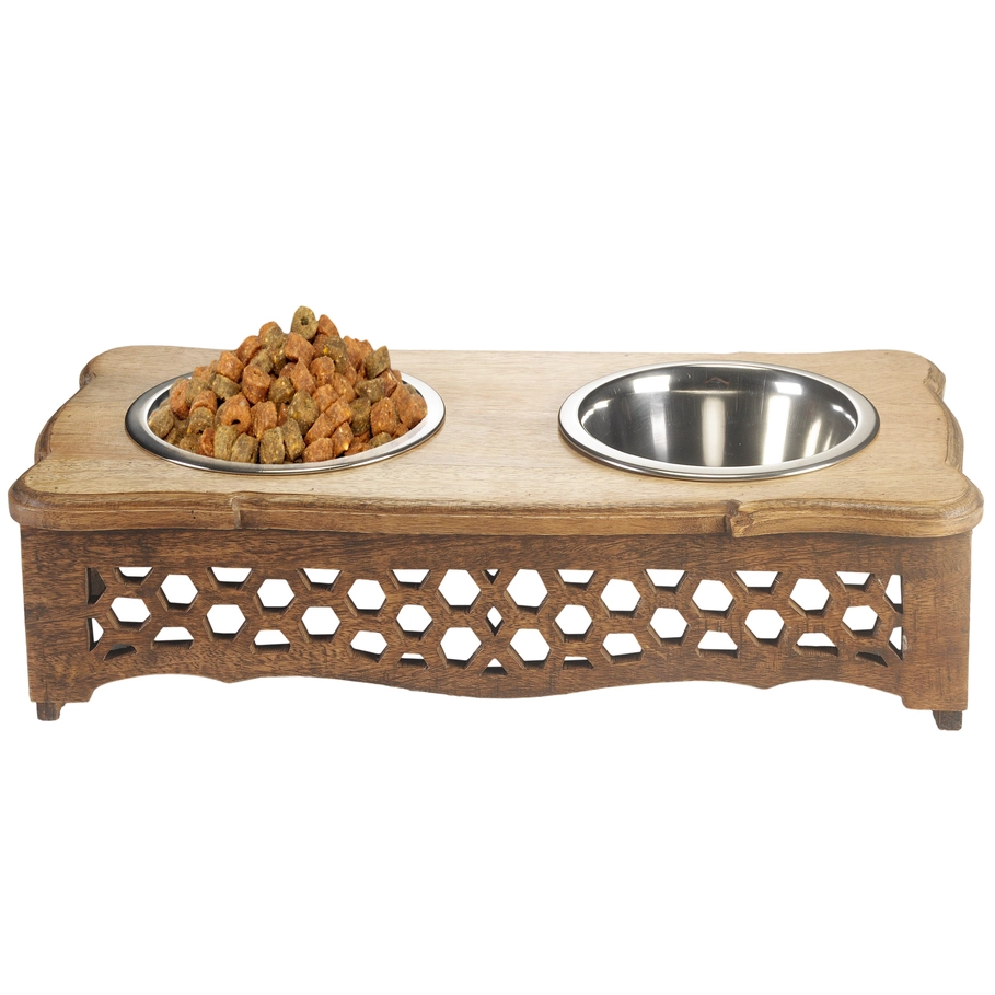 Handmade Mango Wood Elevated Double Pet Feeder - Honeycomb