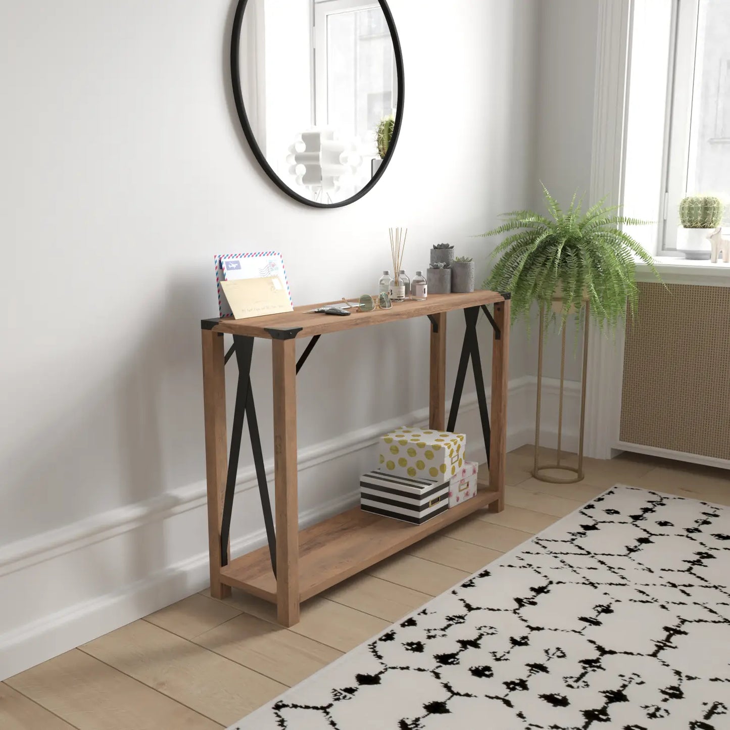 Rustic Oak Console Table with Black Metal Accents