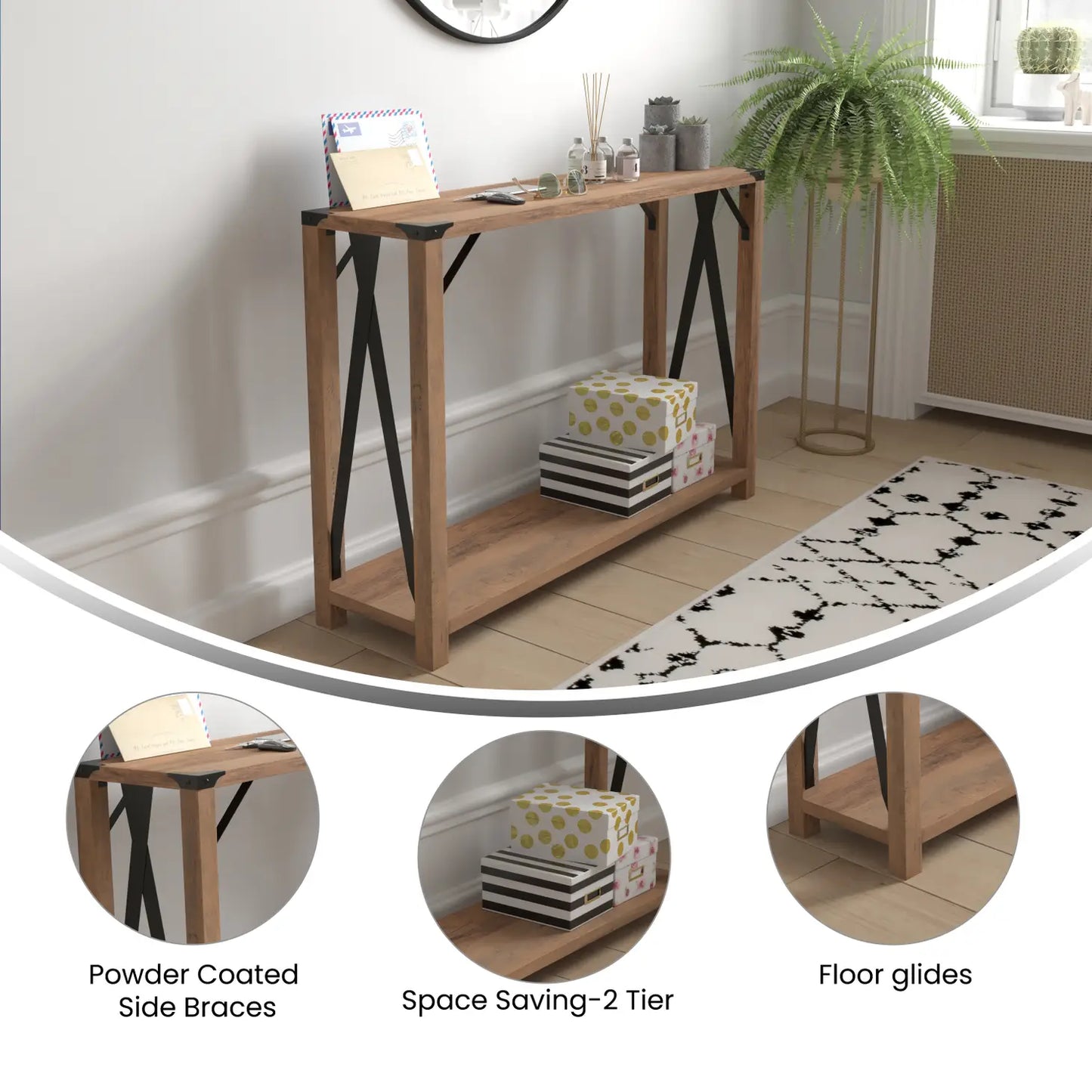 Rustic Oak Console Table with Black Metal Accents