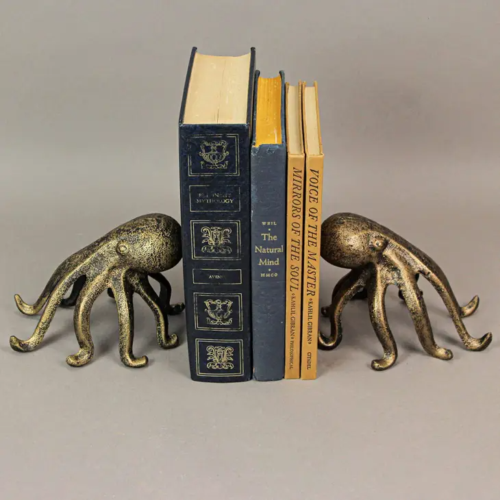 Set of 2 Gold Cast Iron Octopus Decorative Bookend Decor