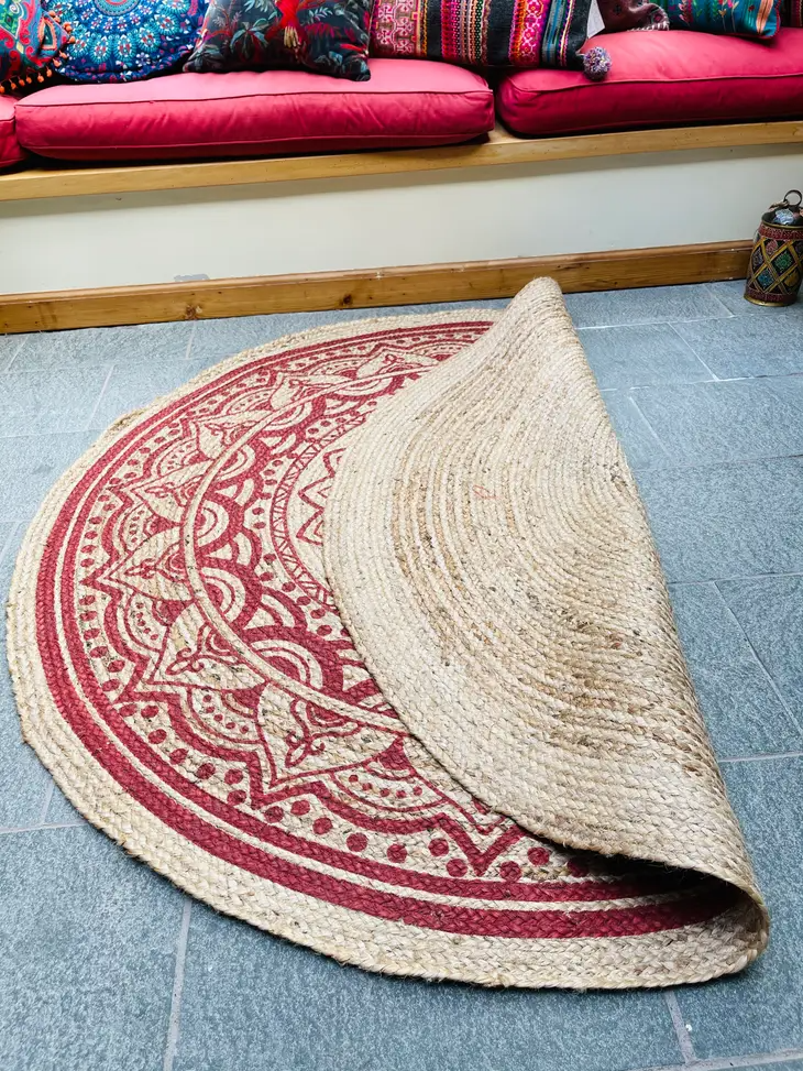 Mandala Pattern Round Red Rug Jute with Block Print 150 cm Diameter