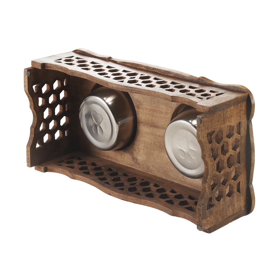 Handmade Mango Wood Elevated Double Pet Feeder - Honeycomb