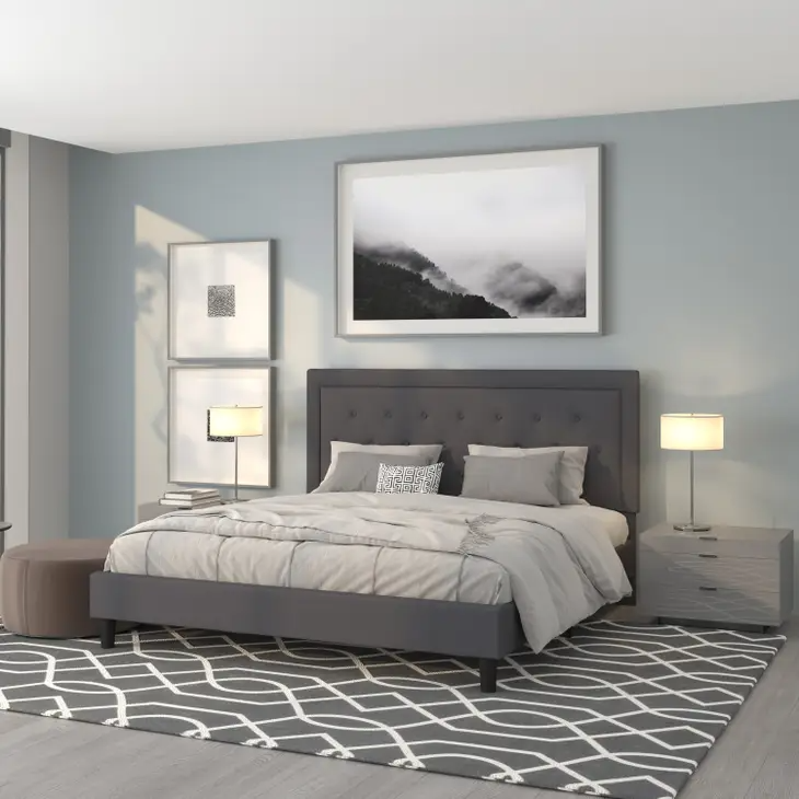 King Size Panel Tufted Dark Gray Fabric Platform Bed