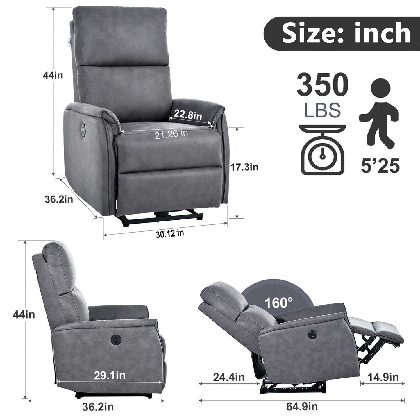 CompactLux Streamline: Space-Saver Power Recliner with USB