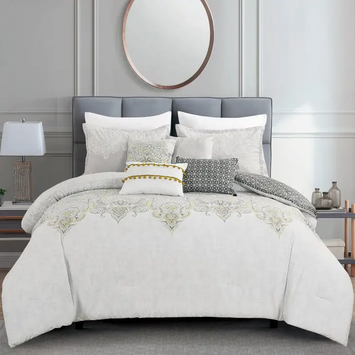 Floral Jacquard Modern Creame Comforter - 7 Piece Set