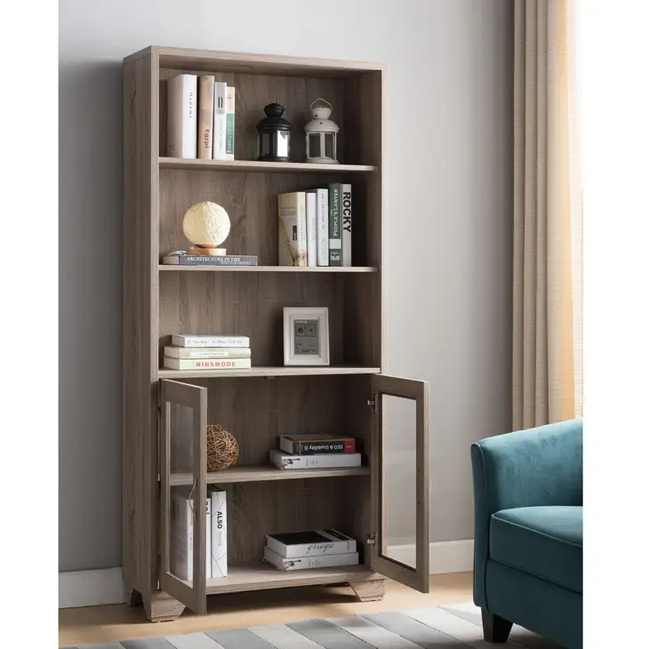 Dark Taupe Bookcase Display with 3 Shelves & 2 Door Cabinet