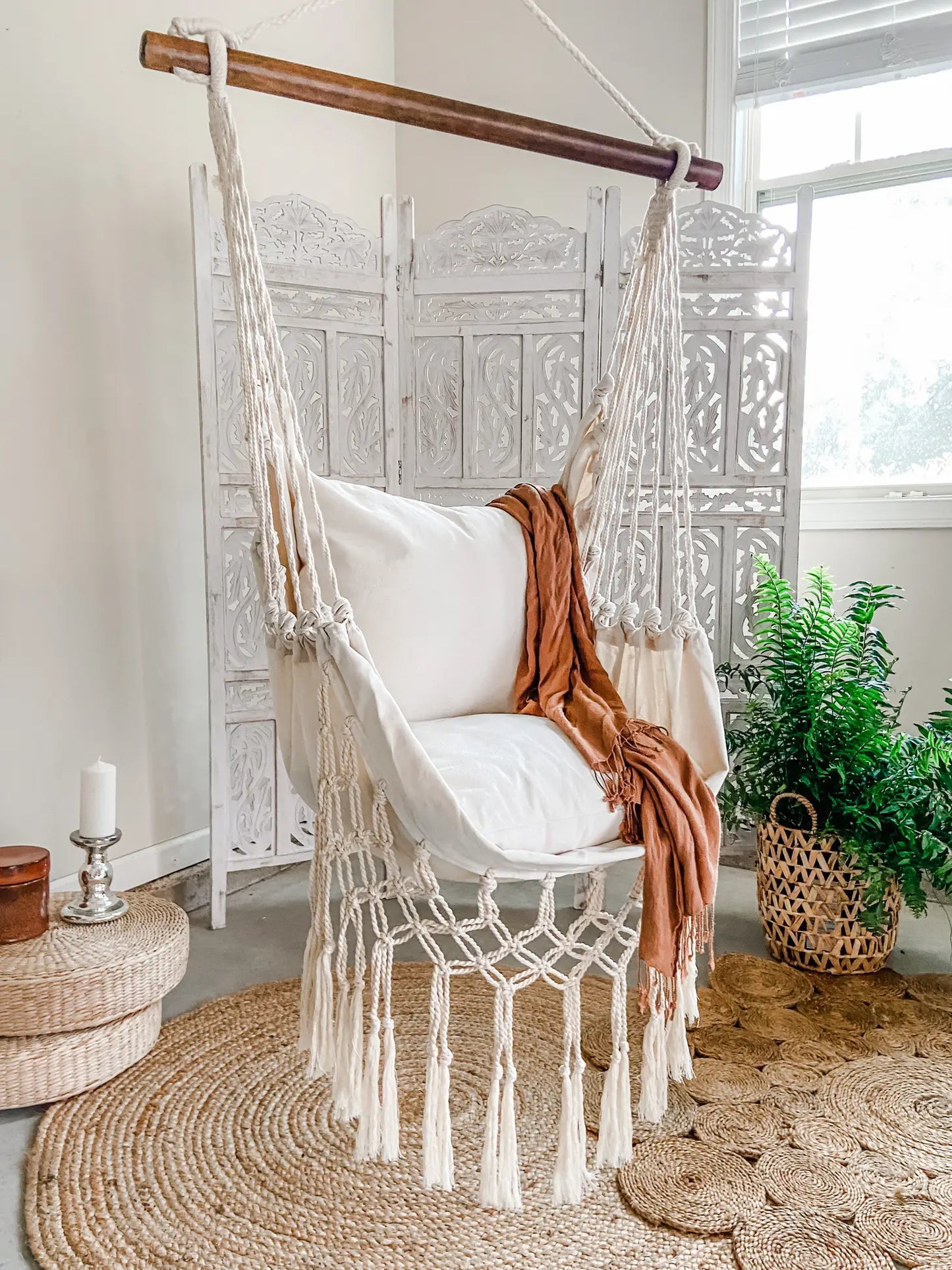 Macrame Hanging Swing Chair, 2 Pillows and Hanging Kit
