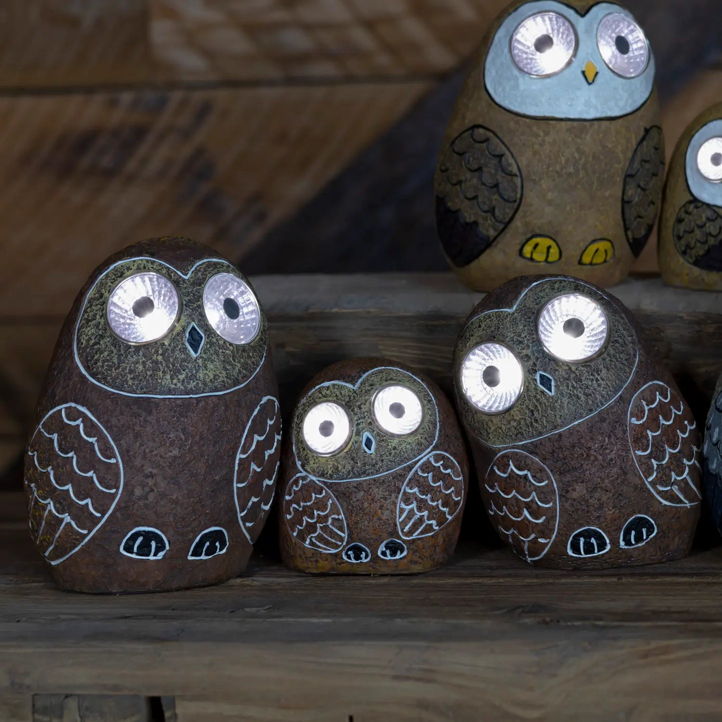 Solar Rock Owls with Light Up Eyes in 3 Asst Sizes & Colors