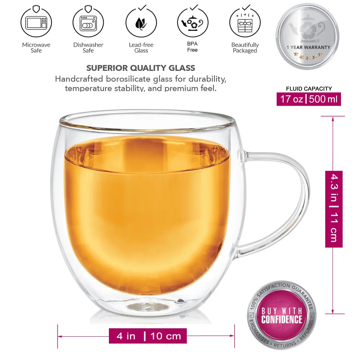 Teabloom Oversized Insulated Borosilicate Glass Mugs -17 oz