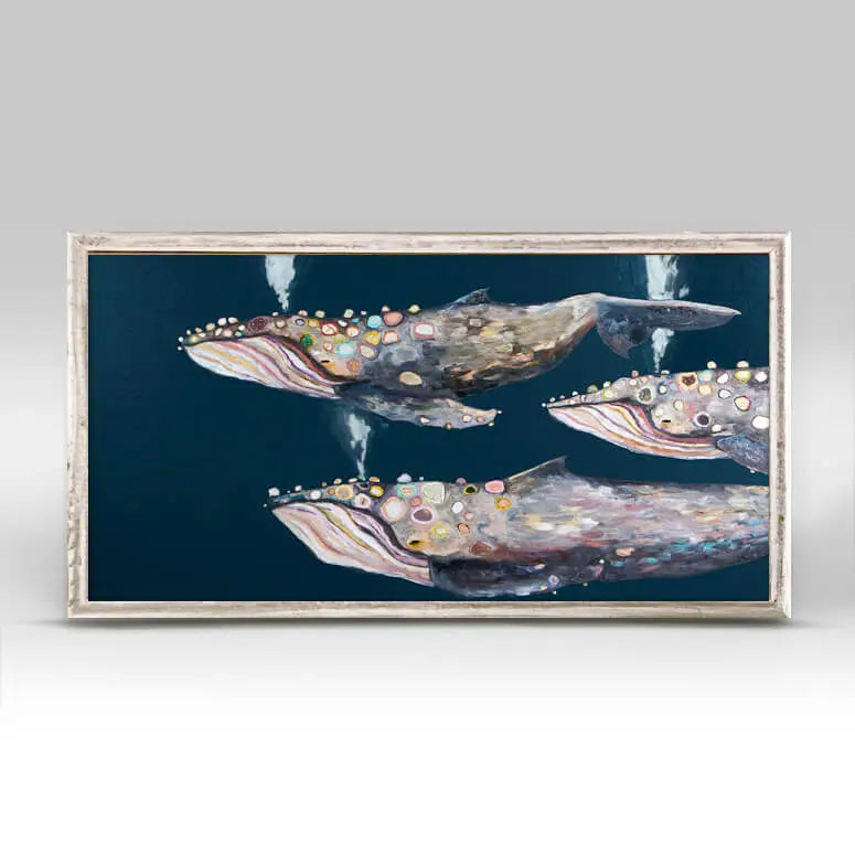 Humpback Whale Pod On Indigo By Eli Halpin Framed Canvas