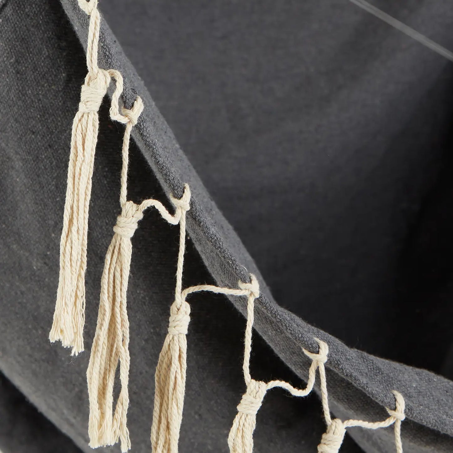 GRAY HAMMOCK CHAIR WITH FRINGE TRIM