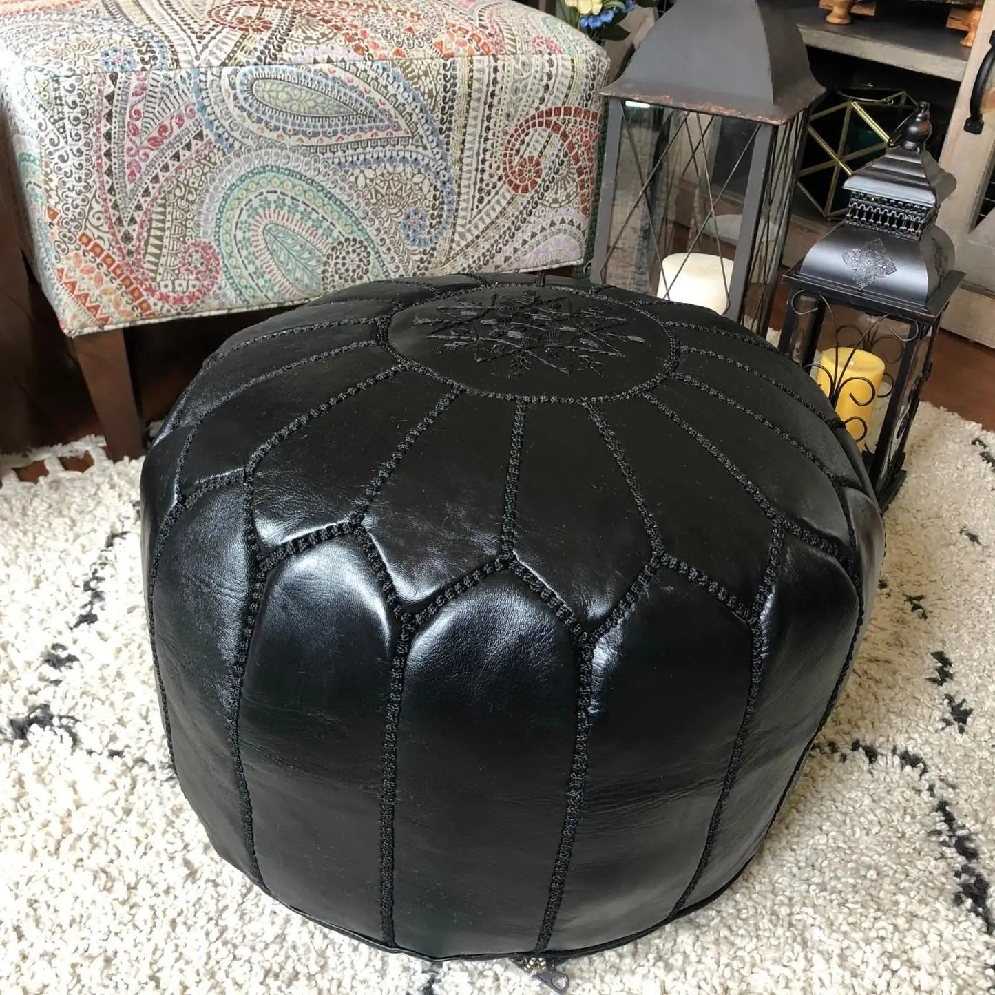 Moroccan Leather Pouf ( Black ) Unfilled