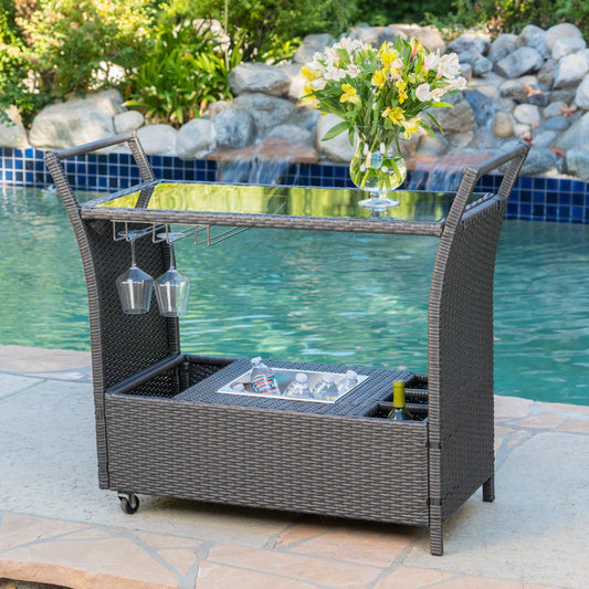 Grey Rattan and Glass Bar Cart