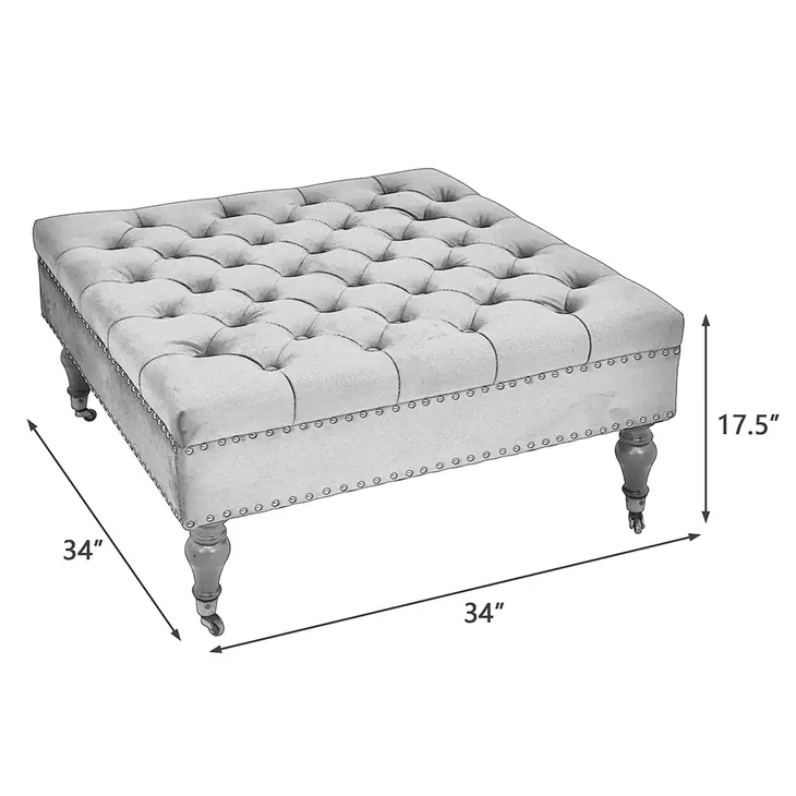 Square Beige Tufted Cocktail Ottoman with Wheels