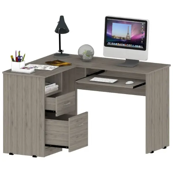 Raleigh L-Shaped Desk, Two Drawers, One Shelf, Cpu Storage, Light Grey