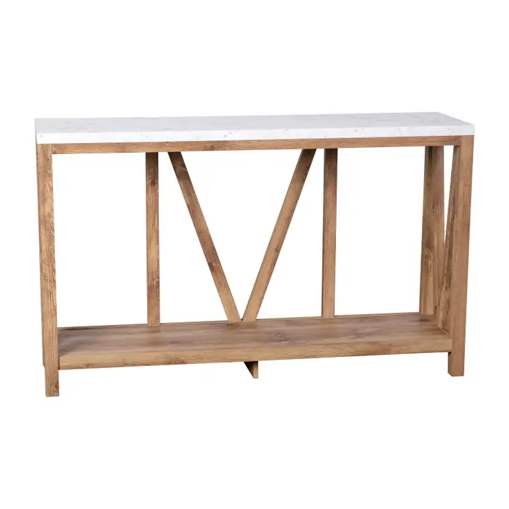 Warm Oak Console Table with Marble Finish Top