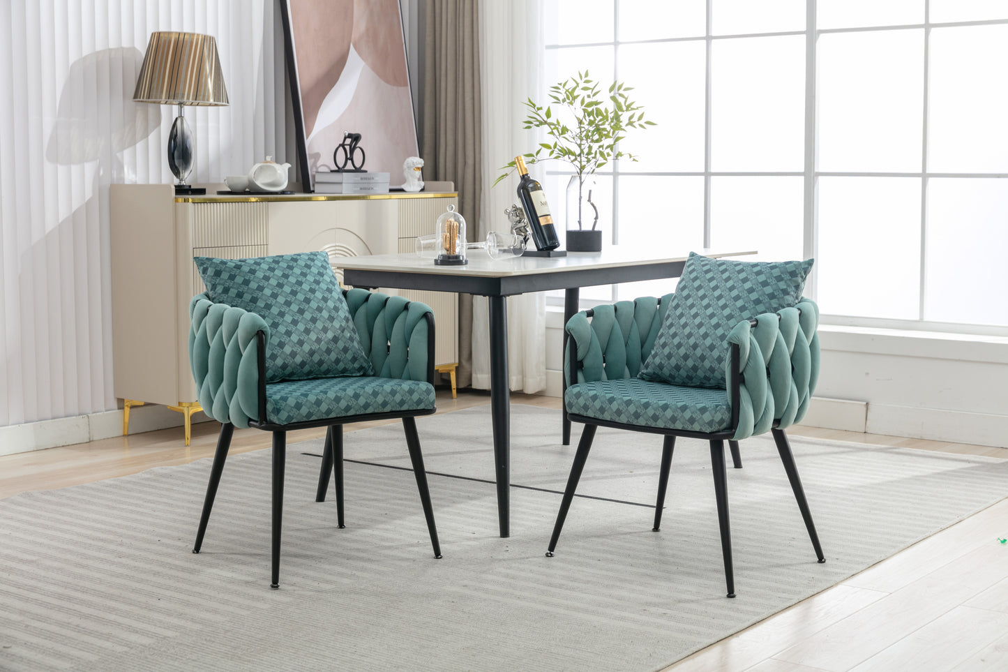 Teal Handwoven Accent Chairs: Set of 2