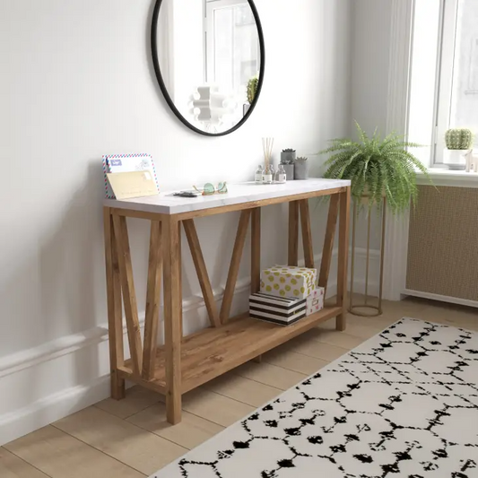 Warm Oak Console Table with Marble Finish Top