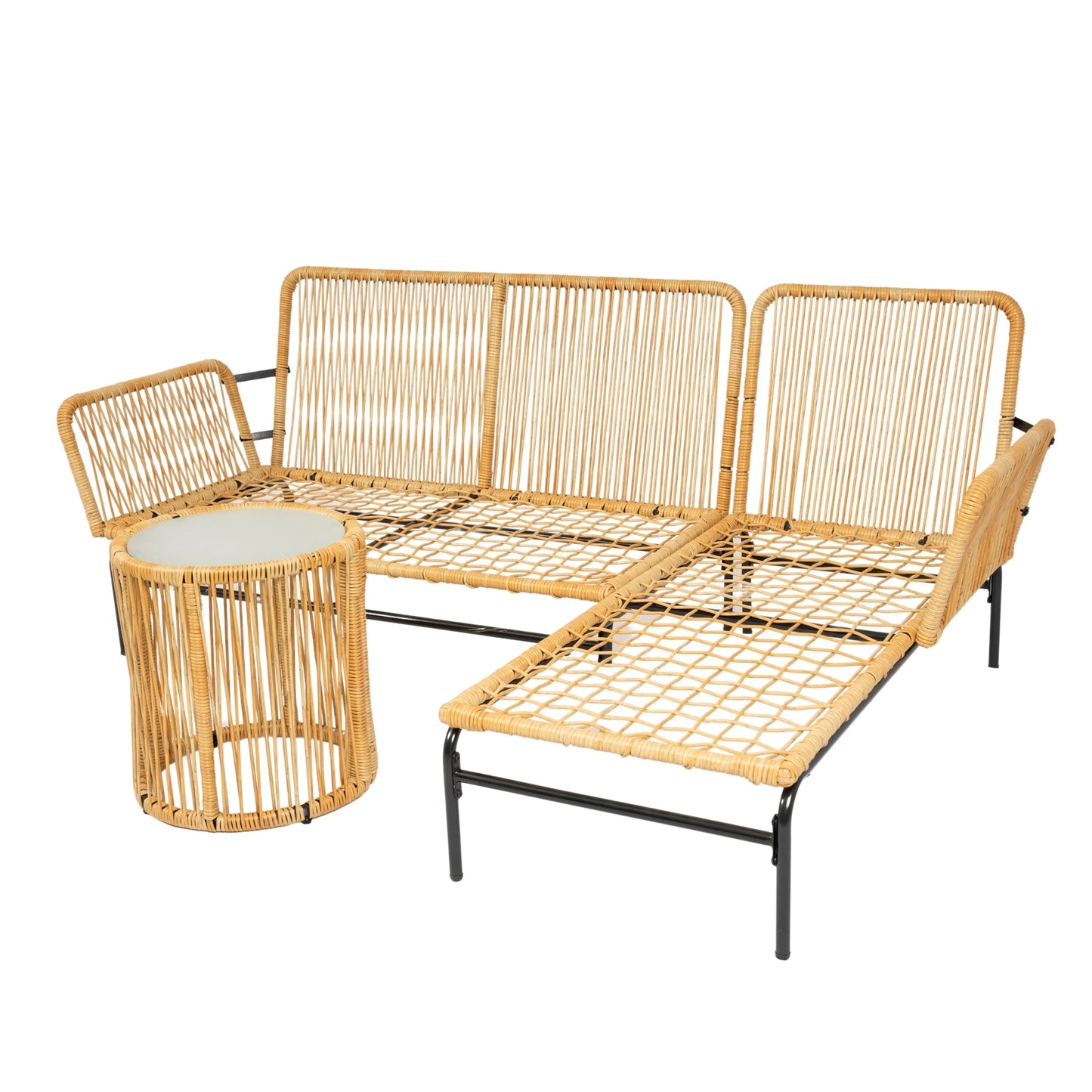 Modern 3-Piece Patio Furniture Set -Yellow Wicker + Creme Cushion