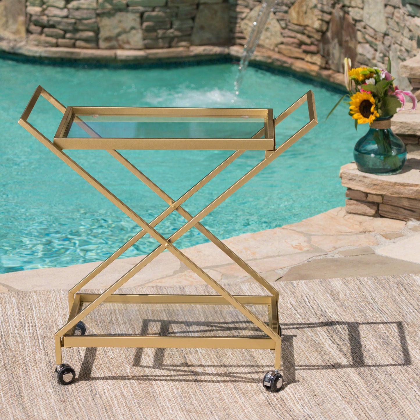 Sherianne Industrial Iron Bar Cart with Tempered Glass