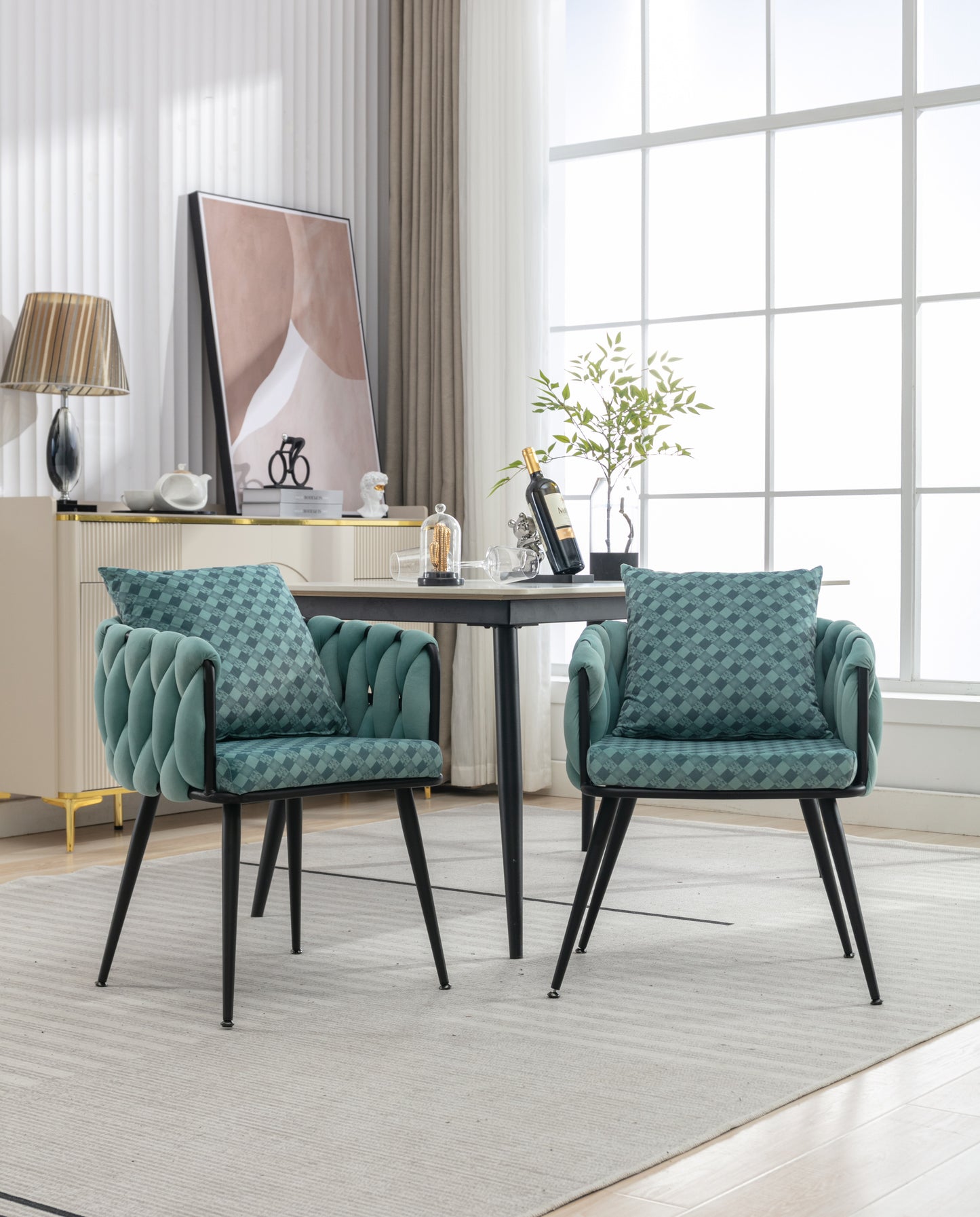 Teal Handwoven Accent Chairs: Set of 2