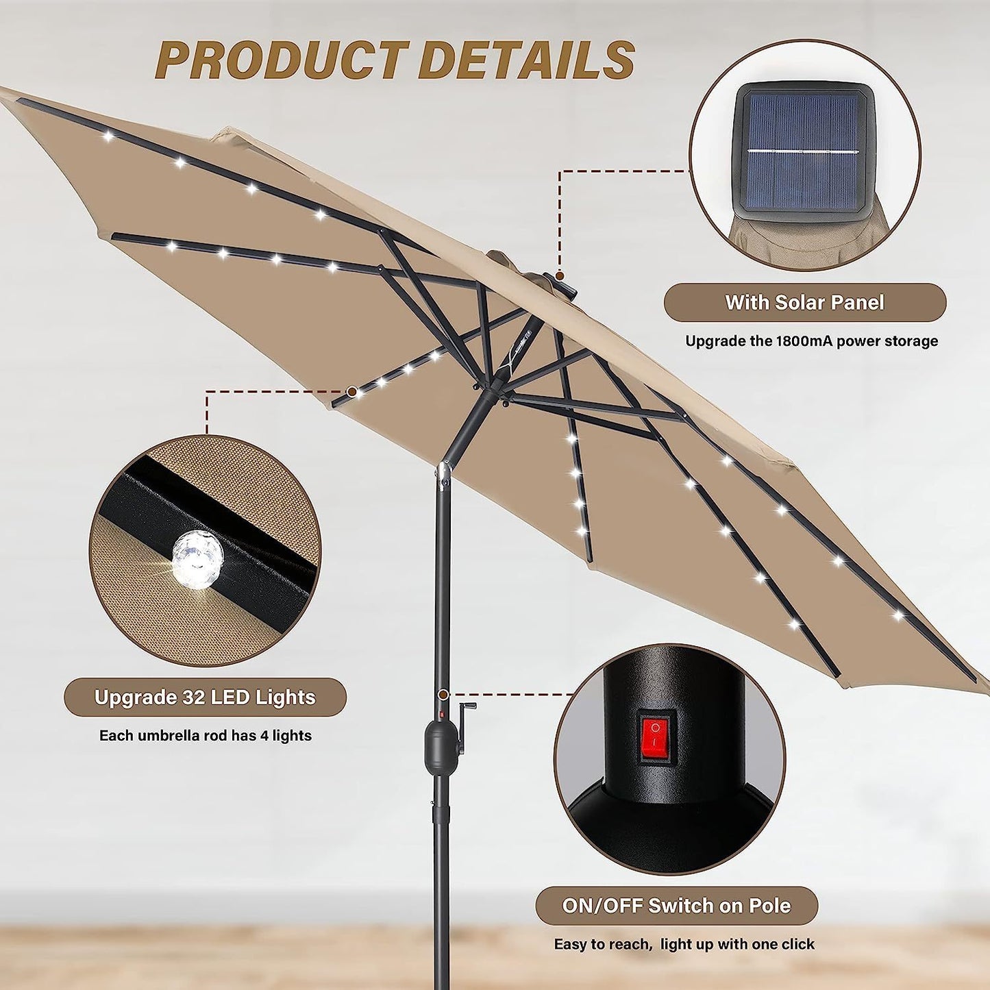 9' Tan Solar-Powered Patio Umbrella