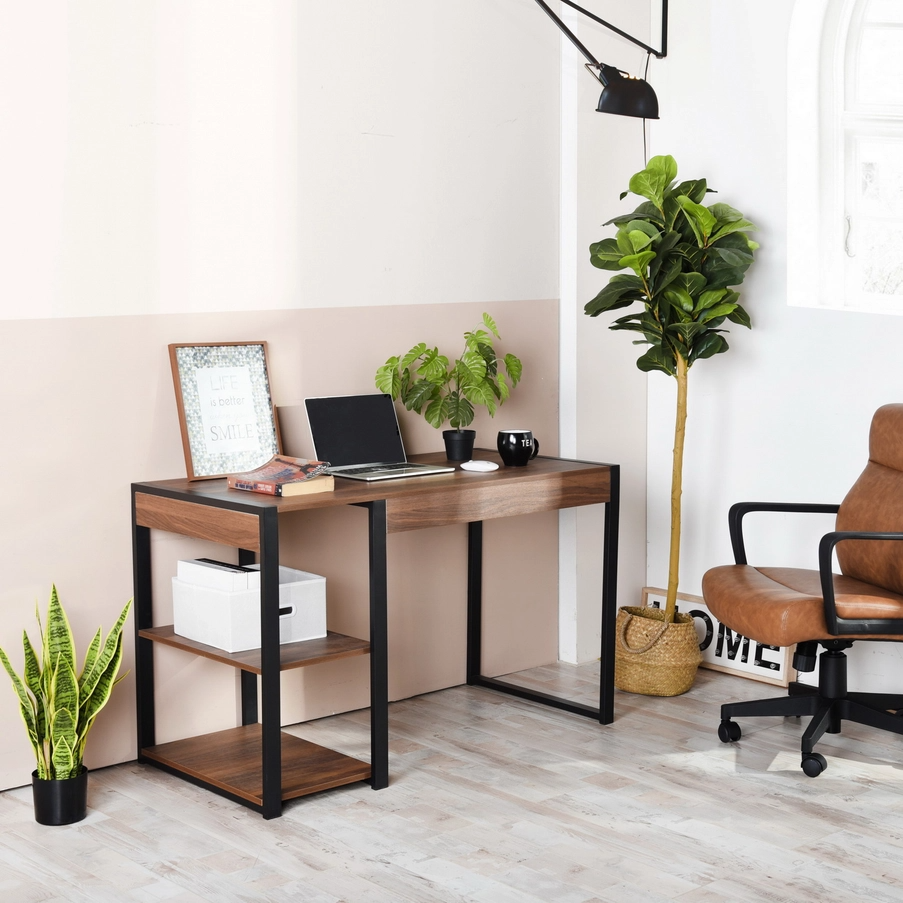Soleil Home Office Desk Wood and Metal with Open Shelves