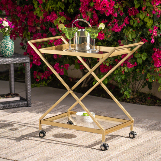 Sherianne Industrial Iron Bar Cart with Tempered Glass