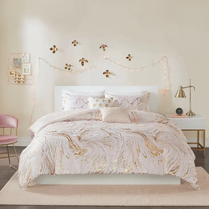 Metallic Marble Swirl 5-Piece Comforter Set, Pink/Gold