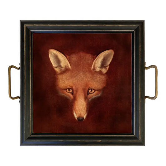 12" Fox Head Tray w/ Brass Handles & Rustic Wood Frame