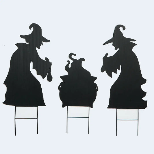 16" Silhouette Witches & Pot On 6" Metal Stake