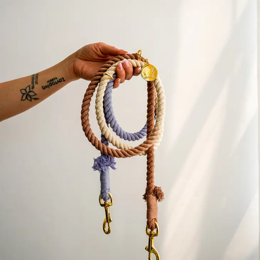 Dog Leash Cotton Rope Hands Free Ombre Tan White Blue