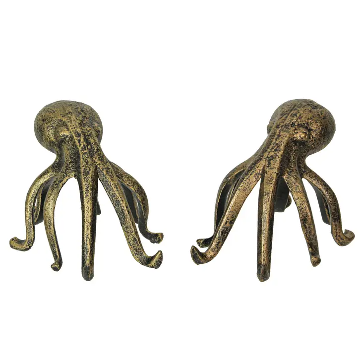 Set of 2 Gold Cast Iron Octopus Decorative Bookend Decor