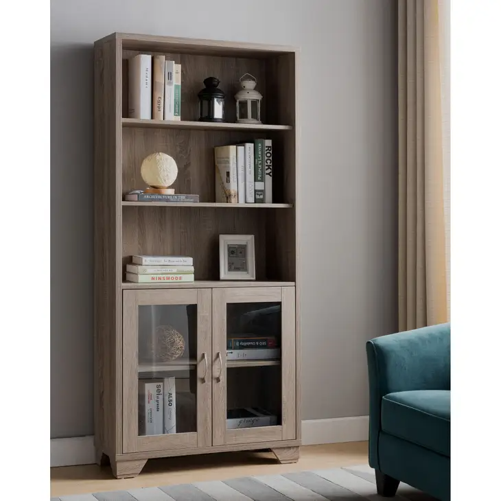 Dark Taupe Bookcase Display with 3 Shelves & 2 Door Cabinet