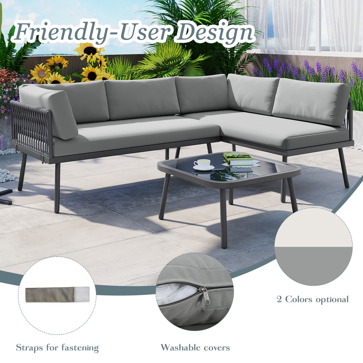 TOPMAX Modern Outdoor 3-Piece PE Rattan Sofa Set