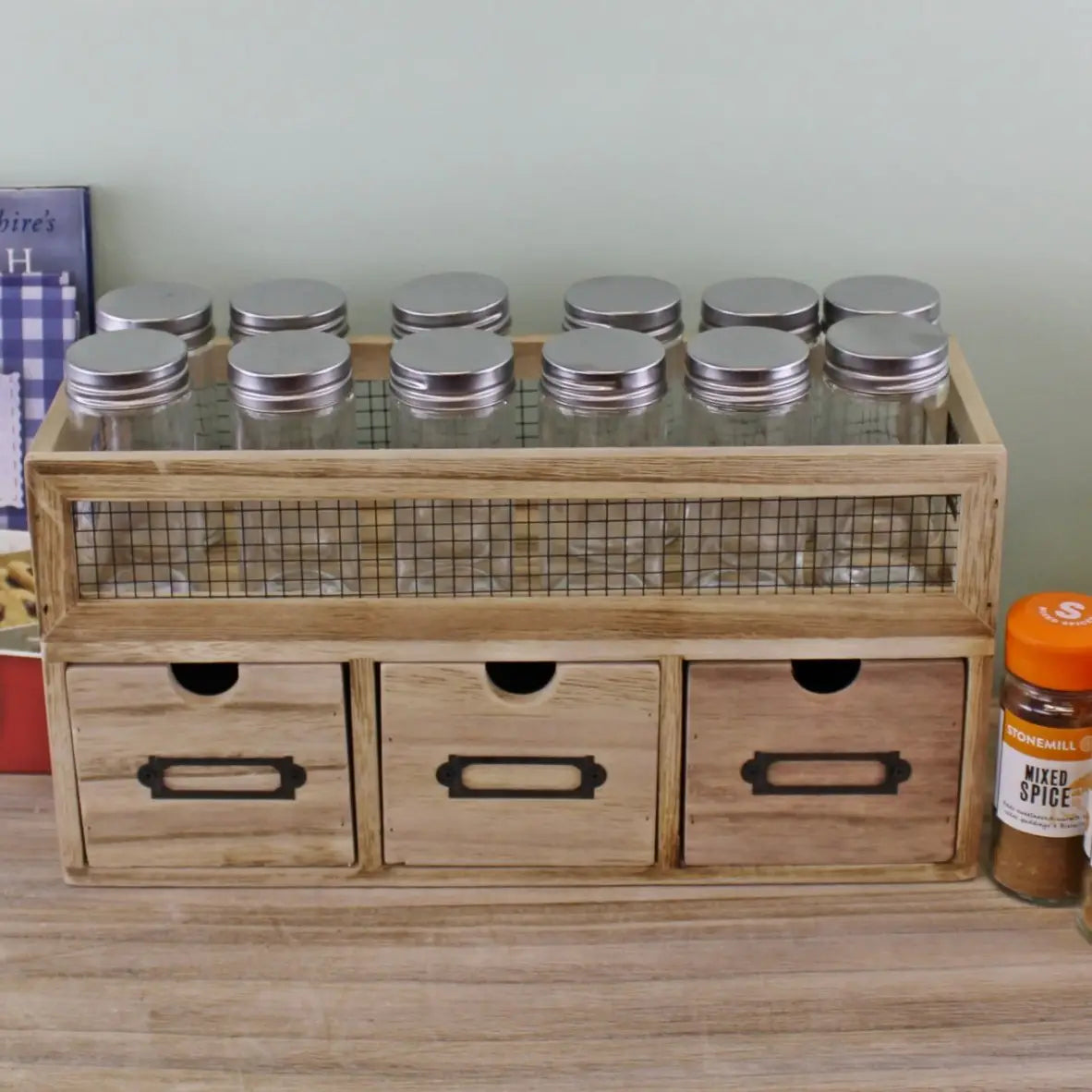 12 Jar Freestanding Spice Rack & 3 Drawer Cabinet