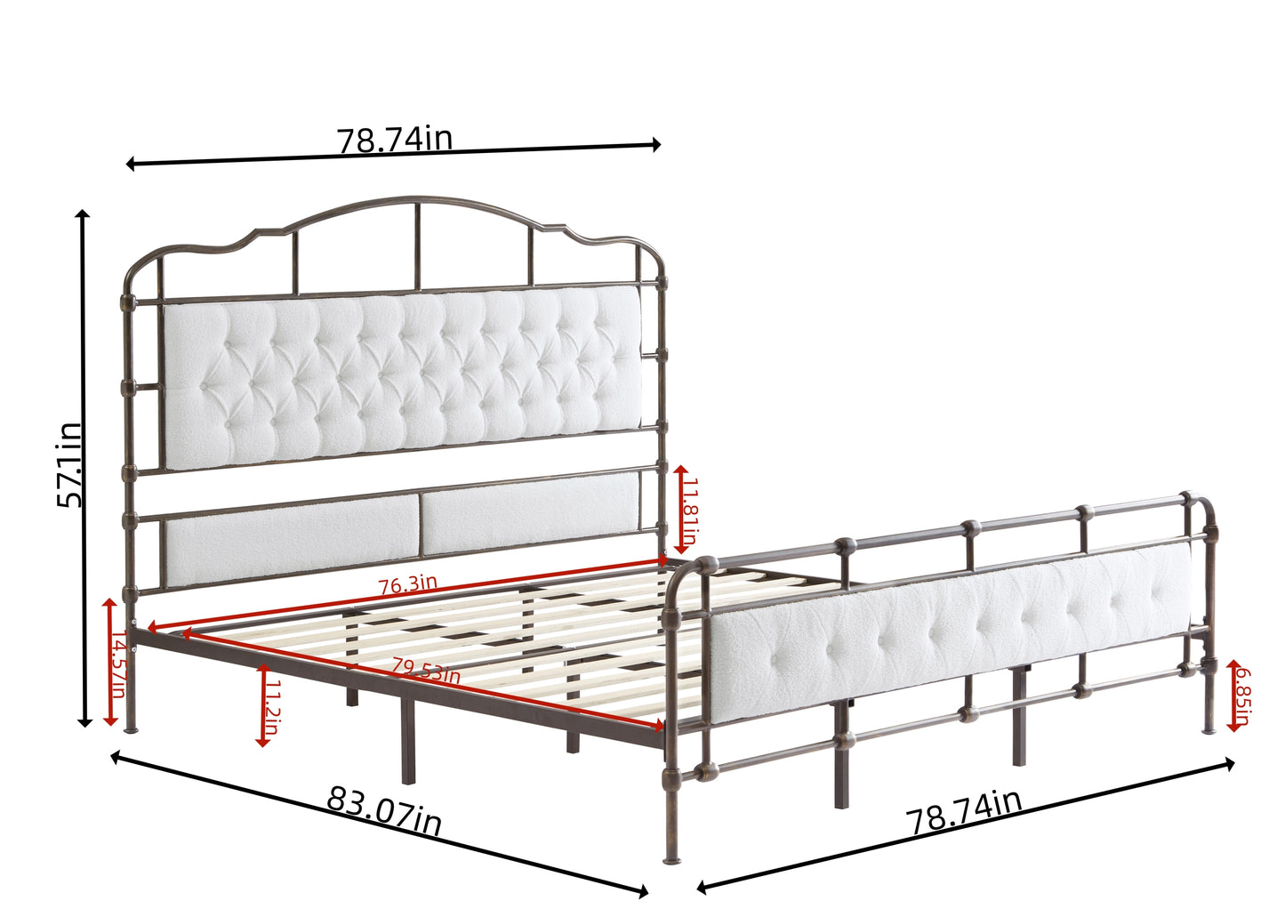 King- Metal Platform Bed with Upholstered Headboard and Tail