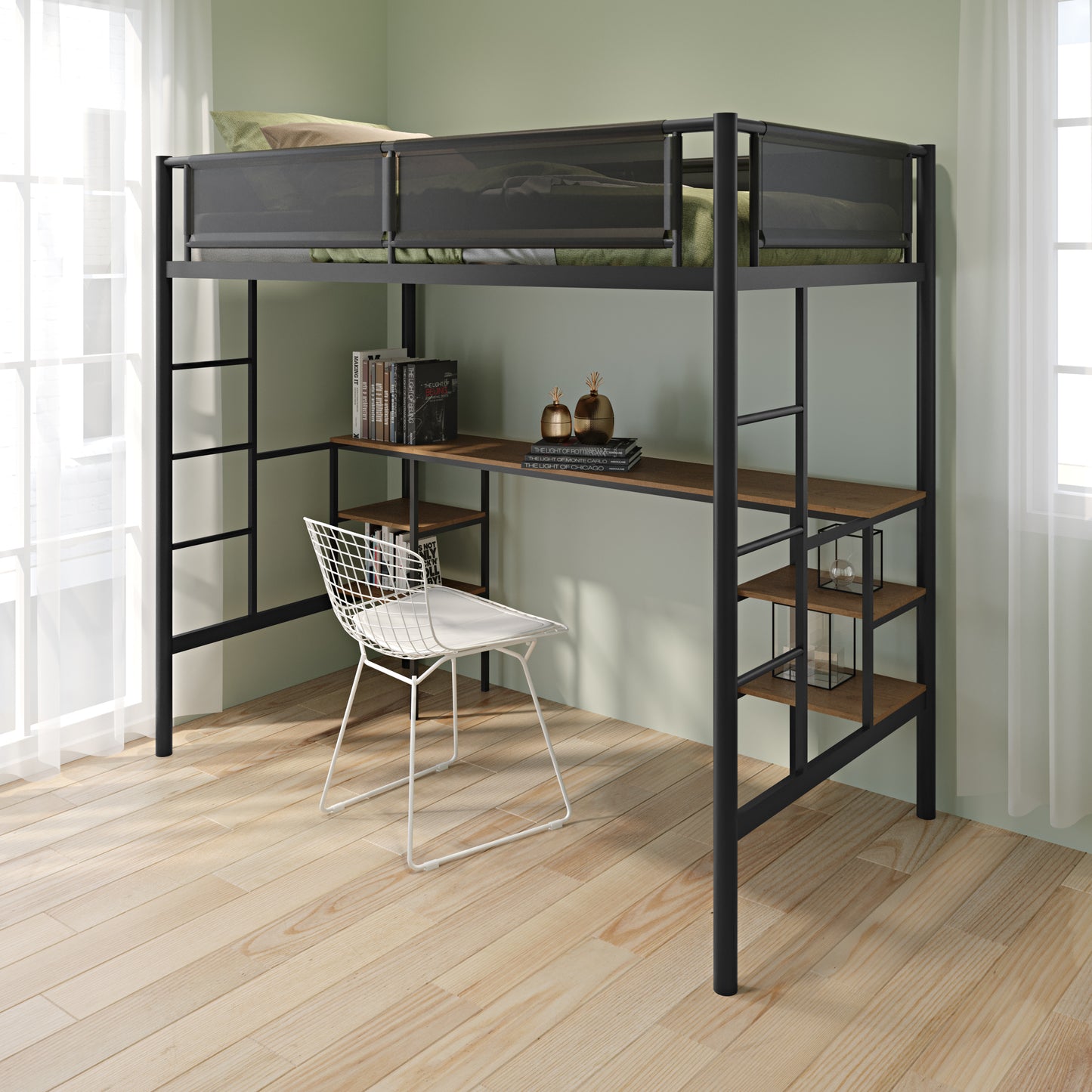 Twin Kids Full Metal Loft Bed with Wooden Desk and Shelves