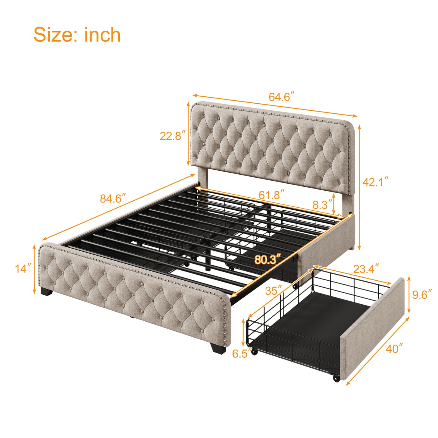 Vurste Upholstered Metal Platform Bed- Queen