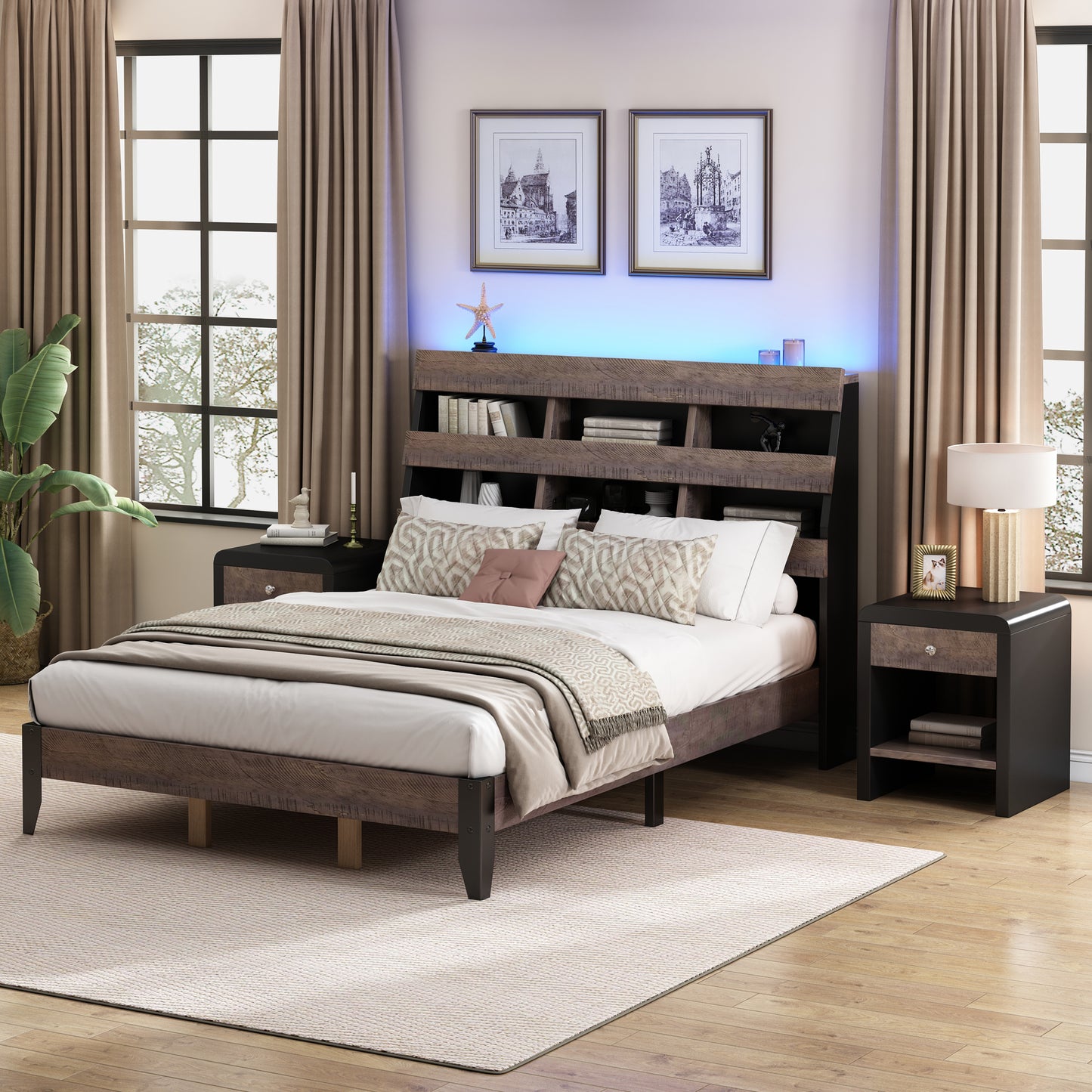 Mid Century Modern Style Queen Bed Frame with Bookshelf and LED Lights and USB Port, Walnut and Black