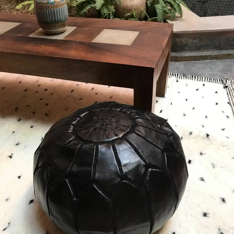 Moroccan Leather Pouf ( Black ) Unfilled